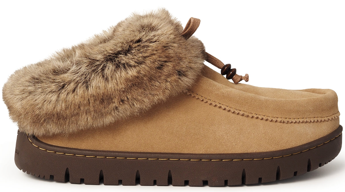 A tan suede slip-on shoe with a thick, fluffy brown faux-fur collar, a decorative brown drawstring toggle on top, and a thick brown platform sole with a treaded bottom.