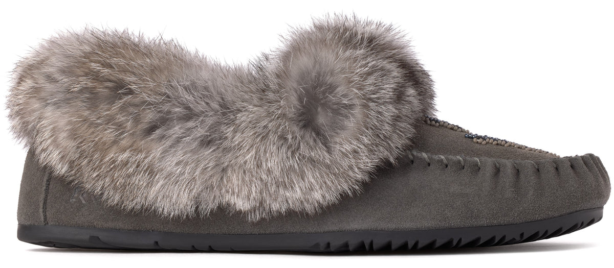 A charcoal grey suede moccasin-style slipper with a thick, fluffy faux fur trim around the ankle opening and visible stitching along the toe seam, set on a dark, textured rubber sole.
