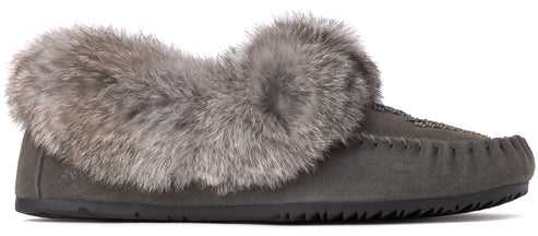 A charcoal grey suede moccasin-style slipper with a thick, fluffy faux fur trim around the ankle opening and visible stitching along the toe seam, set on a dark, textured rubber sole.