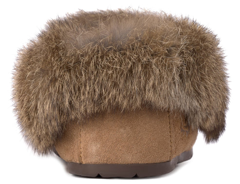 A back view of a tan suede slipper featuring a thick, fluffy brown fur trim around the ankle collar and a dark brown rubber sole.