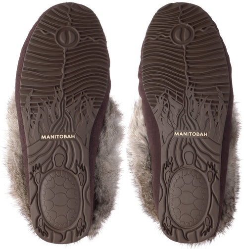 A pair of dark brown suede slippers viewed from the bottom, showing patterned soles with an embossed turtle design at the heels and the word MANITOBAH molded into the center.