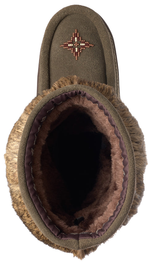 A top-down view of an olive green suede boot lined with plush brown faux fur, featuring a beaded star design on the upper toe area.