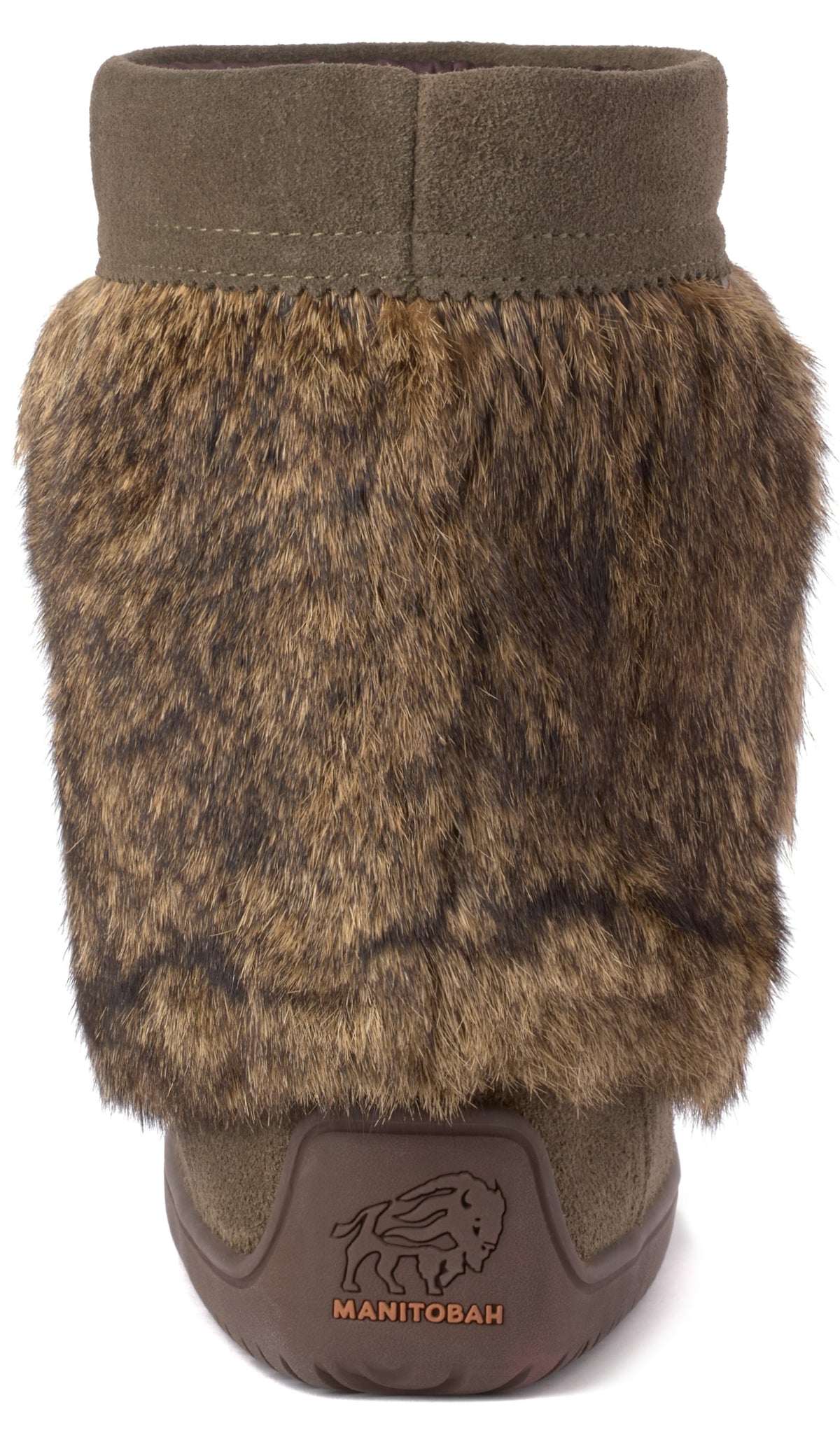 A back view of a mid-calf boot featuring a brown suede upper base with an embossed logo of a buffalo above the word MANITOBAH, and a thick brown faux fur trim covering the upper portion of the boot.