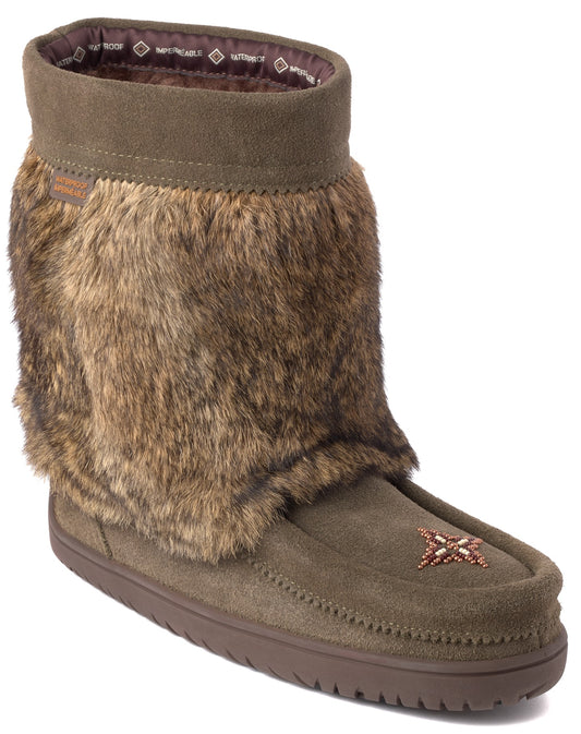 A brown suede winter boot with a high, fluffy faux fur shaft, featuring a small beaded star embellishment on the top of the toe box and a dark brown rubber sole.
