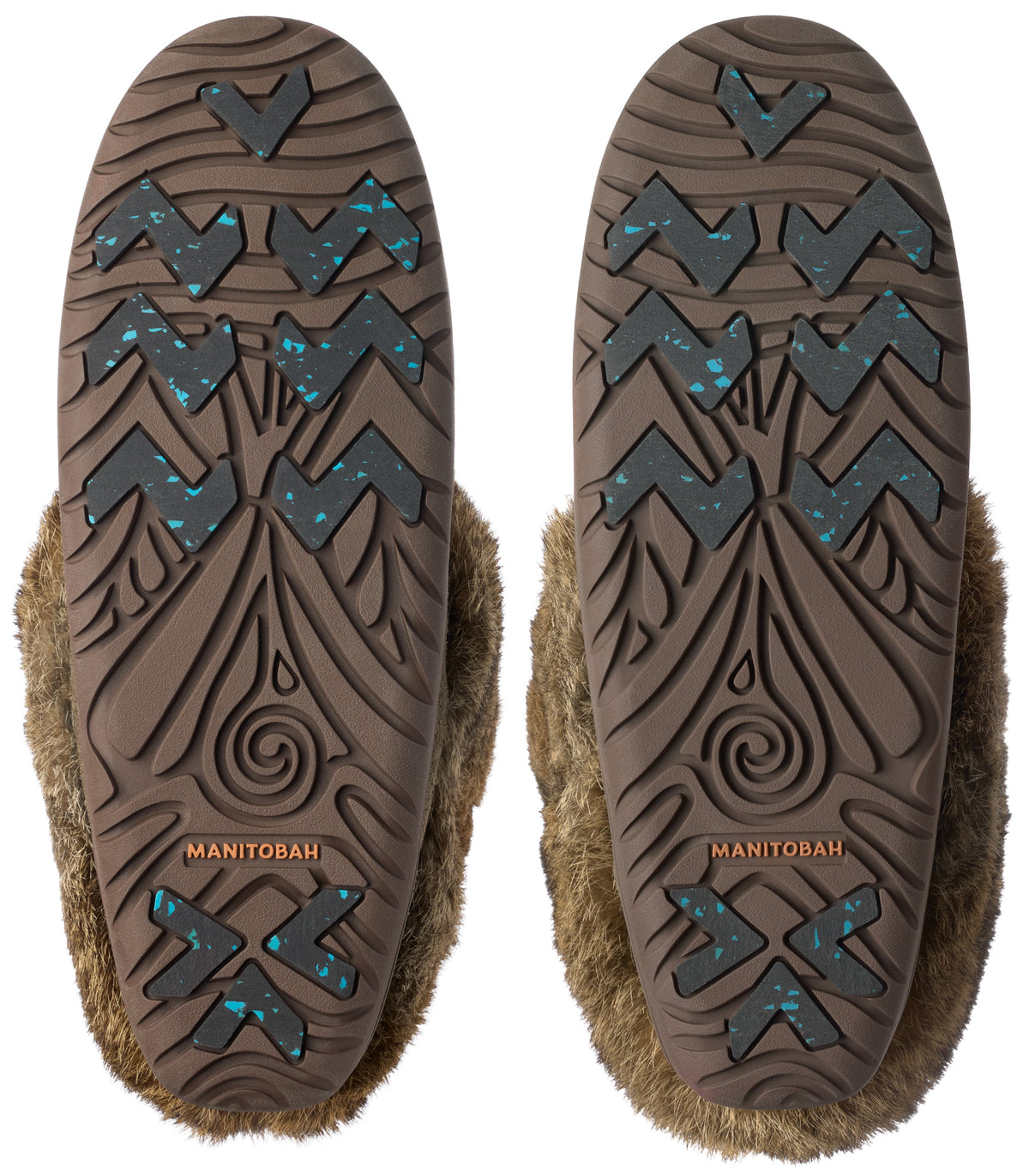 A pair of slipper soles showing the bottom tread pattern, featuring a textured brown rubber base with molded zigzag grips and blue speckled details, a spiral design near the heel, and the word MANITOBAH stamped in the center.