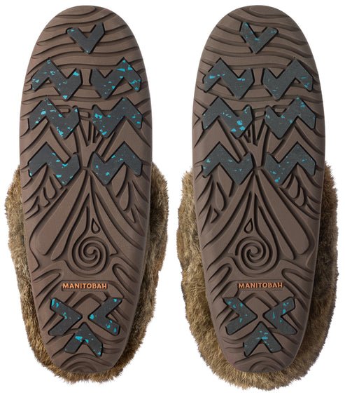 A pair of slipper soles showing the bottom tread pattern, featuring a textured brown rubber base with molded zigzag grips and blue speckled details, a spiral design near the heel, and the word MANITOBAH stamped in the center.