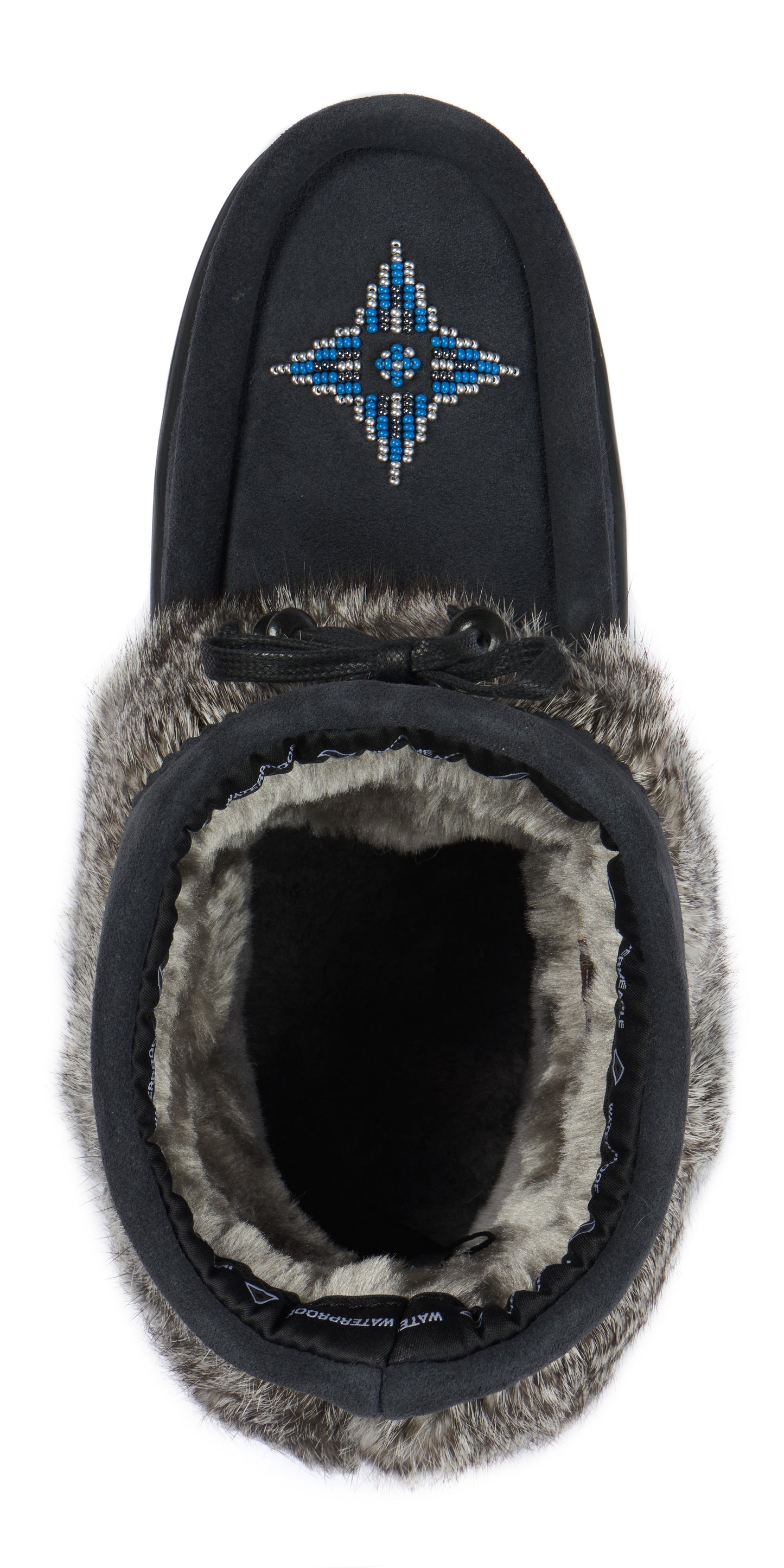 A pair of moccasin slippers in black with a blue and white beaded design and gray faux fur trim.