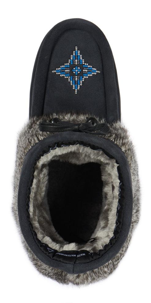 A pair of moccasin slippers in black with a blue and white beaded design and gray faux fur trim.