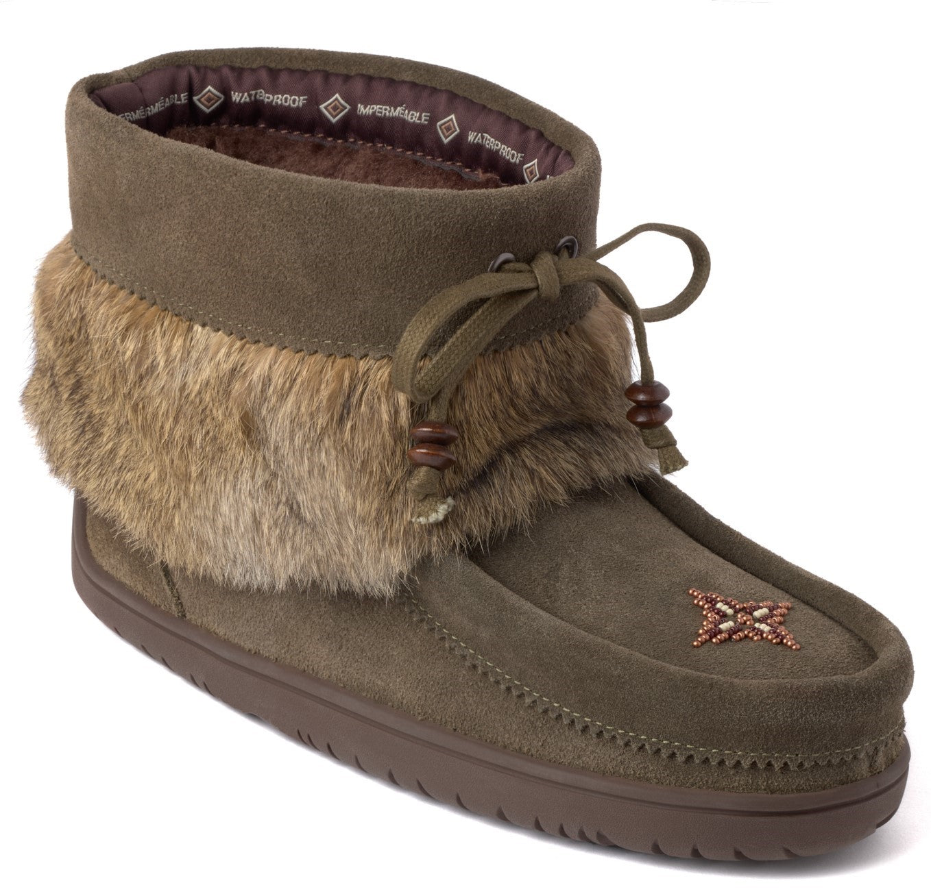 Olive-green ankle moccasin with light brown fur trim, laced with olive-green strings, and embellished with beadwork.
