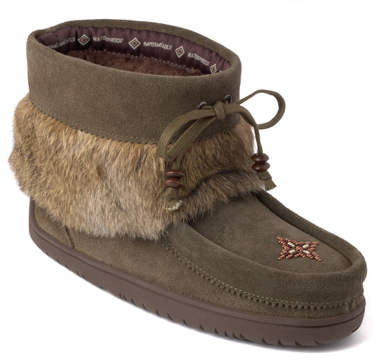 Olive-green ankle moccasin with light brown fur trim, laced with olive-green strings, and embellished with beadwork.