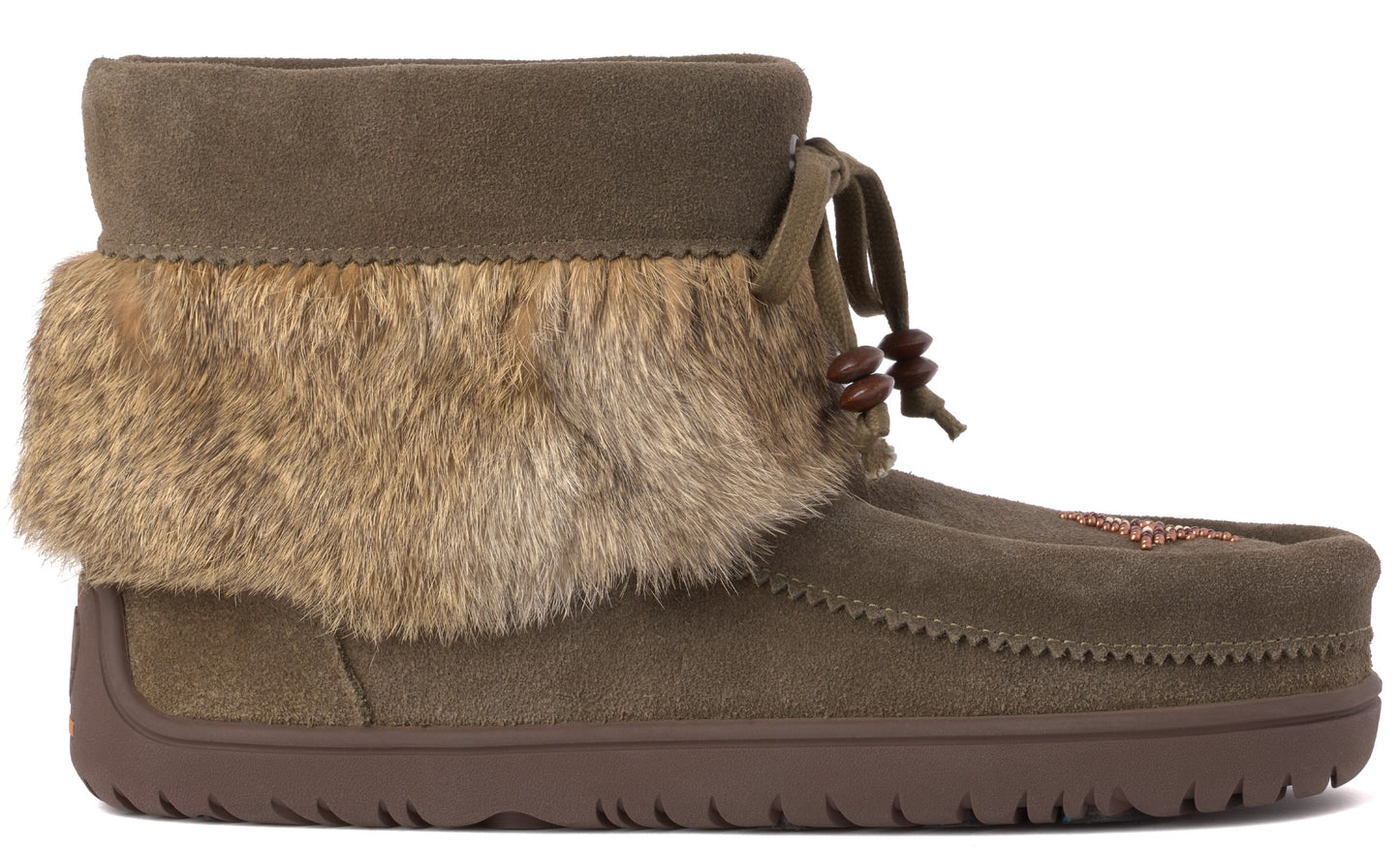 Olive-green suede boot with fur trim, raised stitching on the toe, and brown laces.