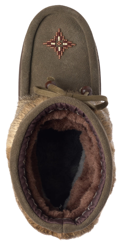 Moccasin slipper in olive-green suede with fur trim and beaded star design.