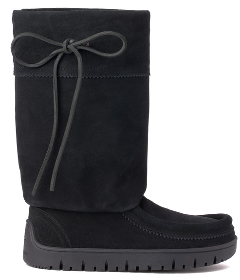 Black high shaft boot with decorative laces.