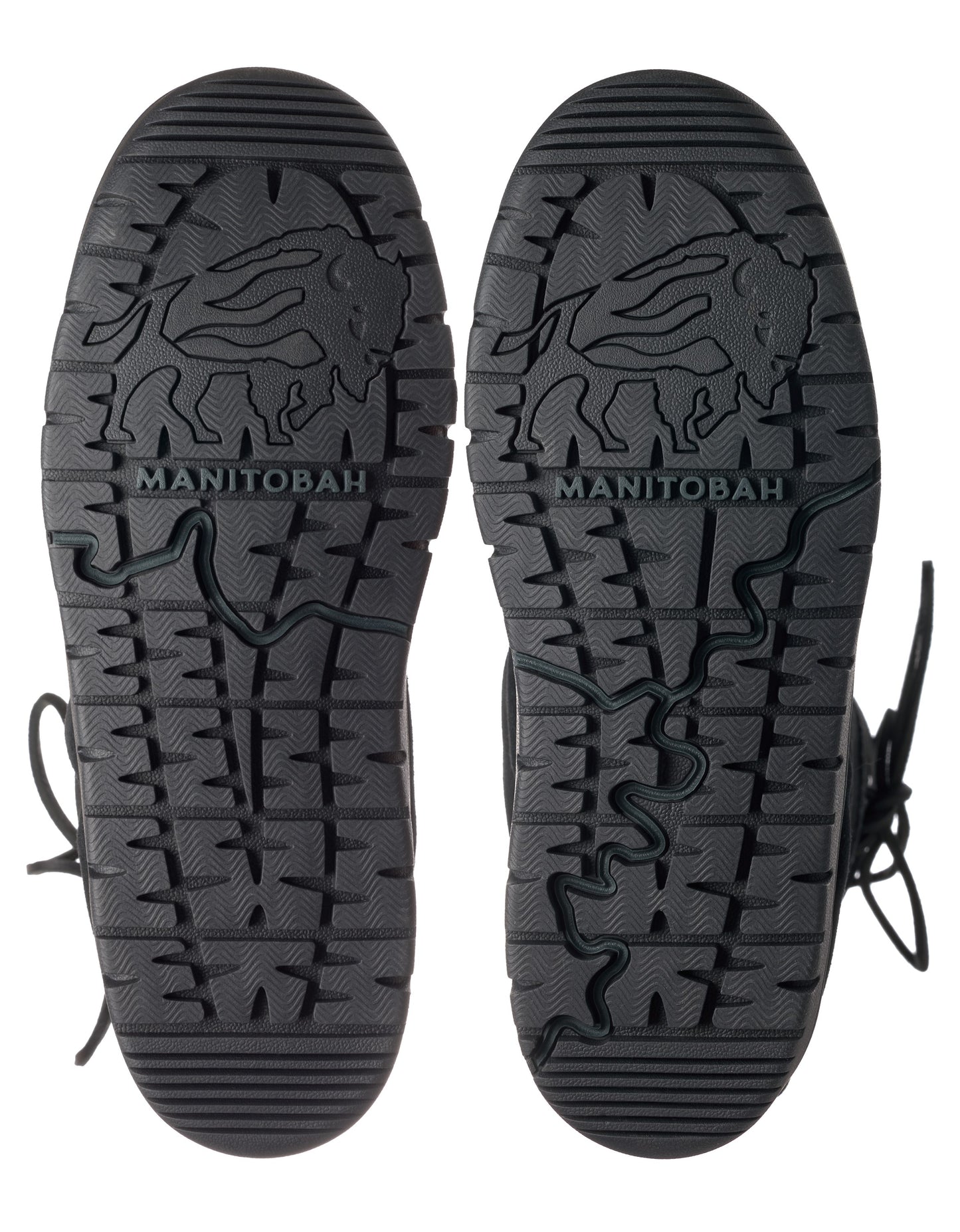Black shoe soles with buffalo logo and the text "MANITOBAH".