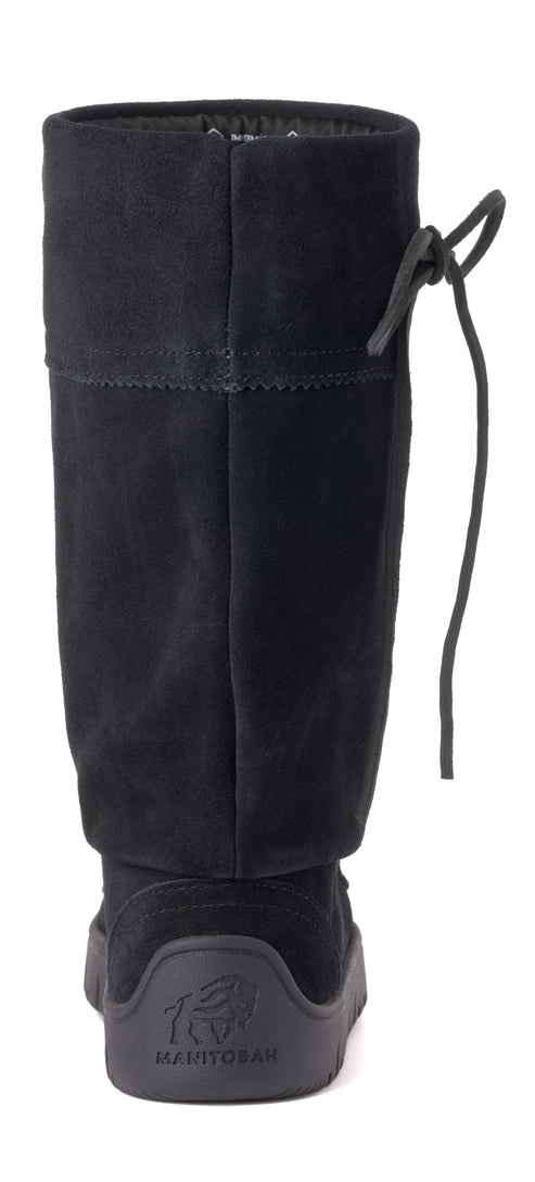 Tall black suede boot with ties in the back.
