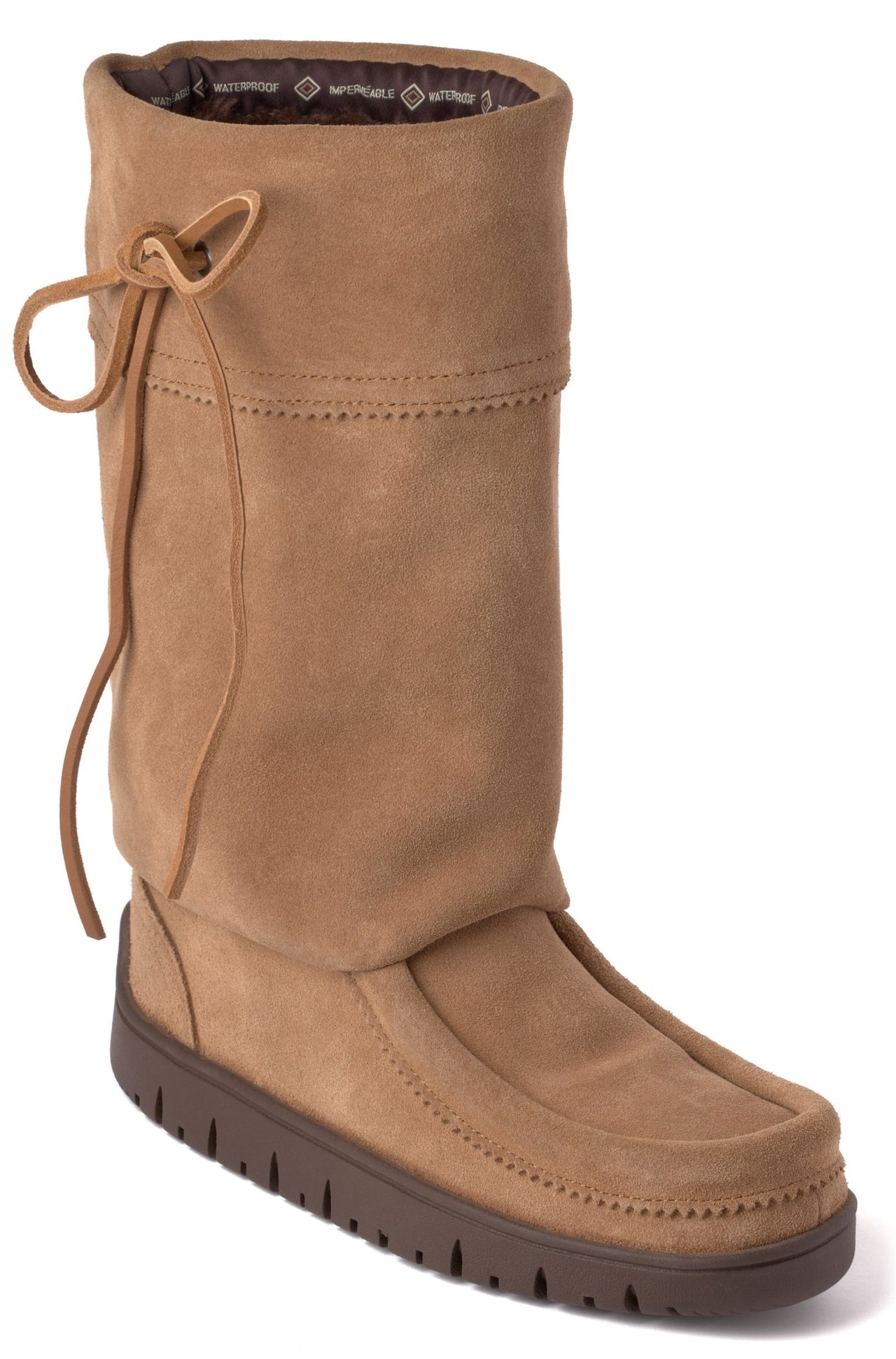 Tan suede boot with foldover top and tie closure.
