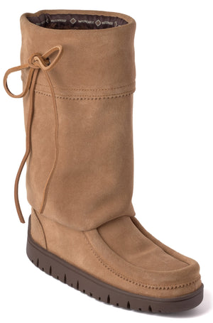 Tan suede boot with foldover top and tie closure.