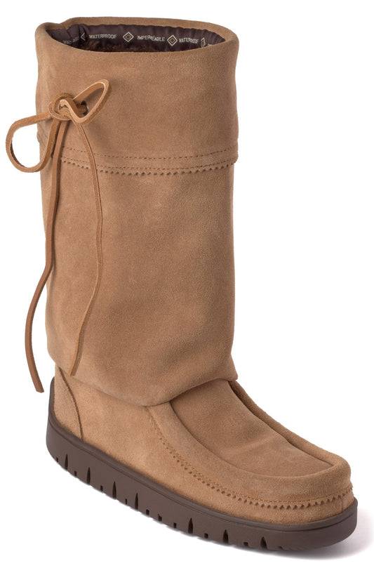 Tan suede boot with foldover top and tie closure.