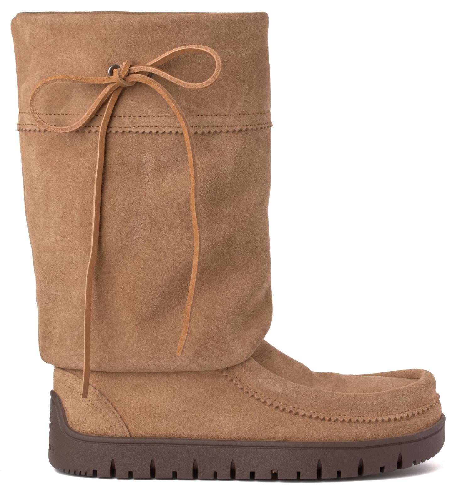 Tan suede mid-calf boot with folded-down top, tied with a thin leather lace.