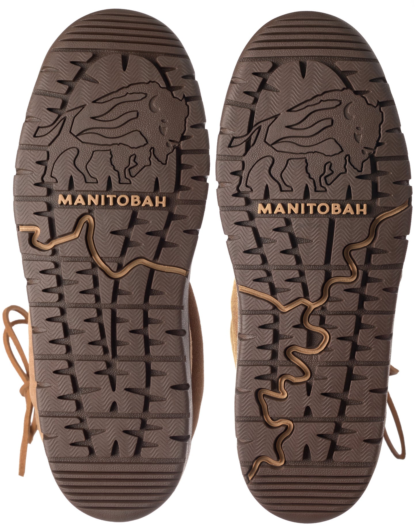 Two brown shoe soles with a buffalo and "MANITOBAH" design, and a map-like squiggle pattern.