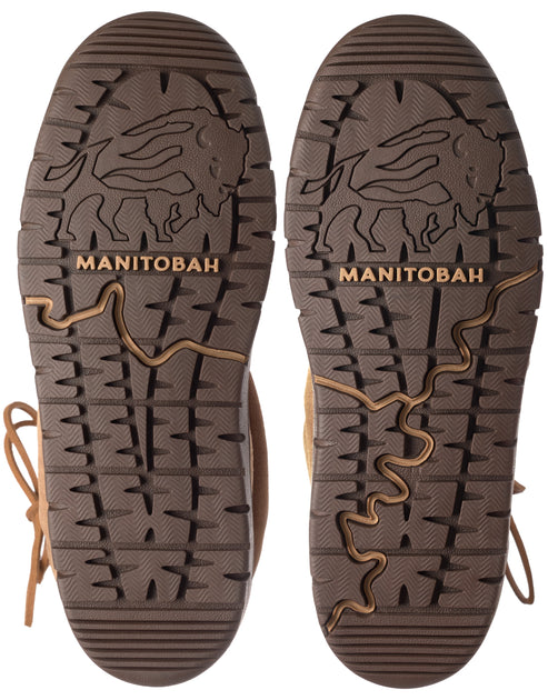 Two brown shoe soles with a buffalo and "MANITOBAH" design, and a map-like squiggle pattern.