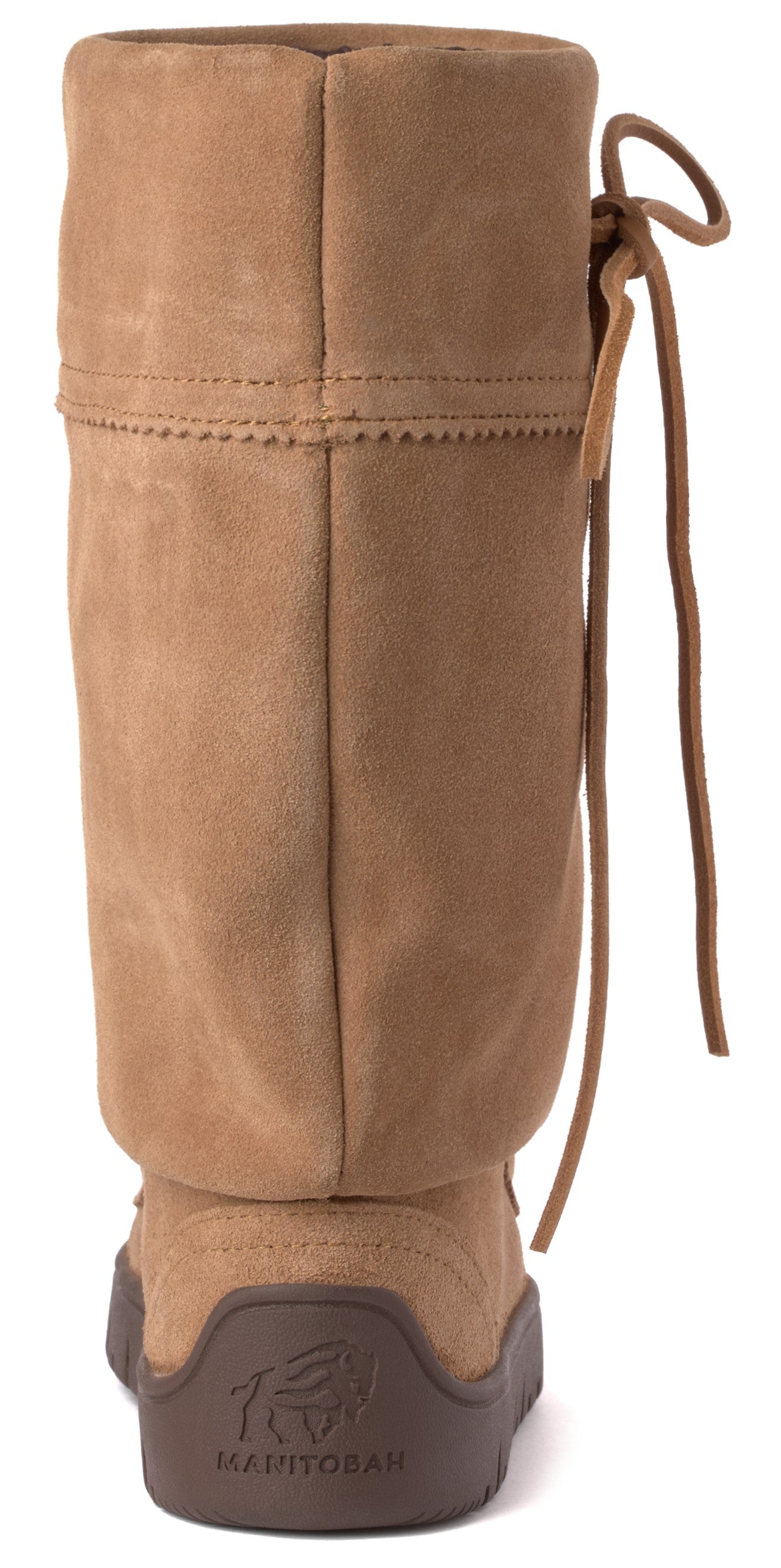 Tan tall suede boot with tie closure.