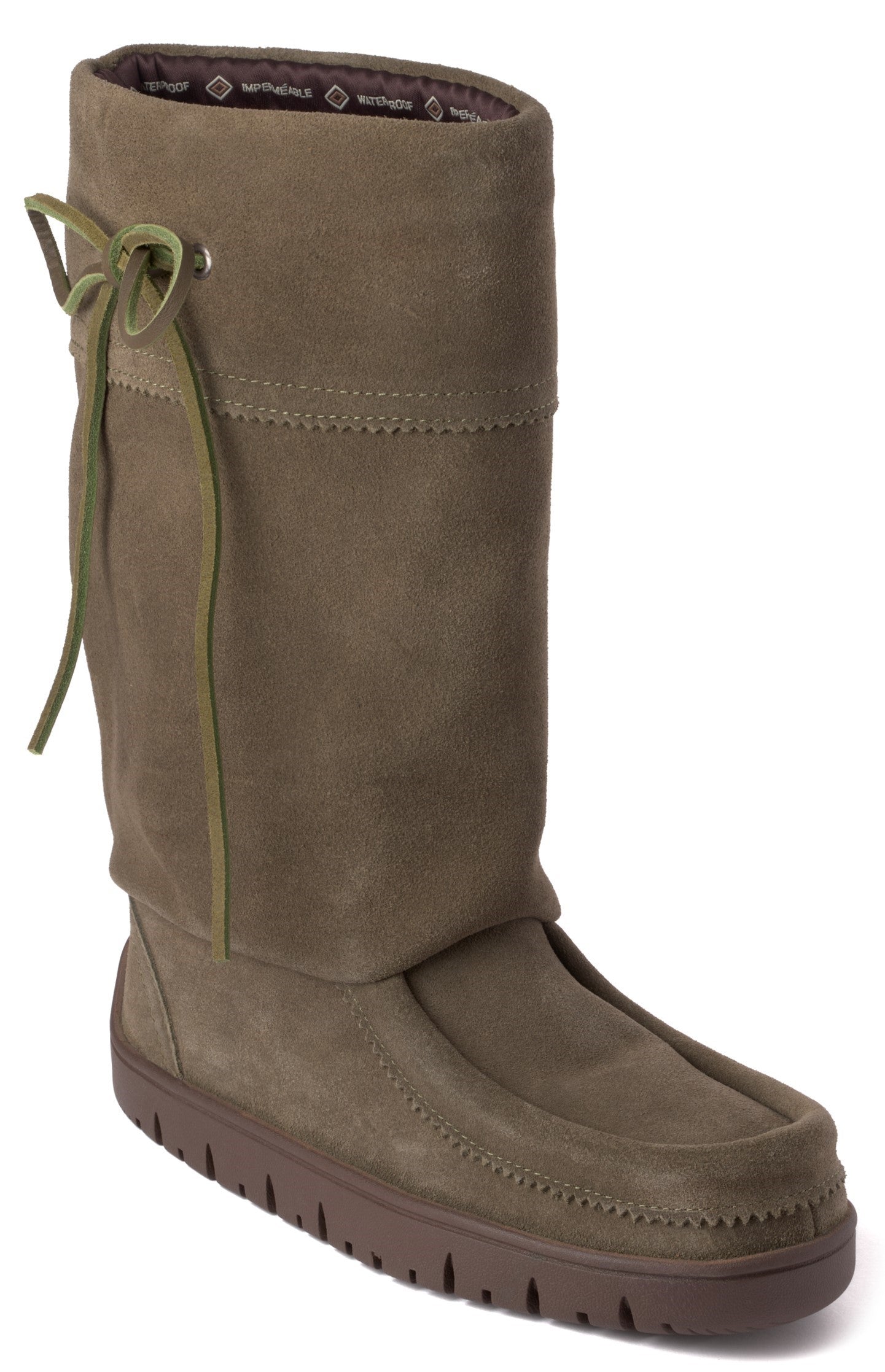 Knee-high moccasin boot in olive green suede with laces.