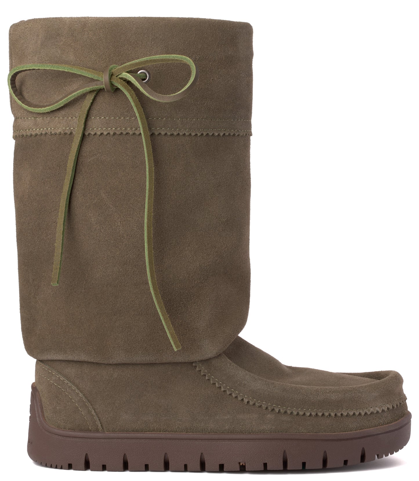 Olive-green suede moccasin boot with lace-up detail.