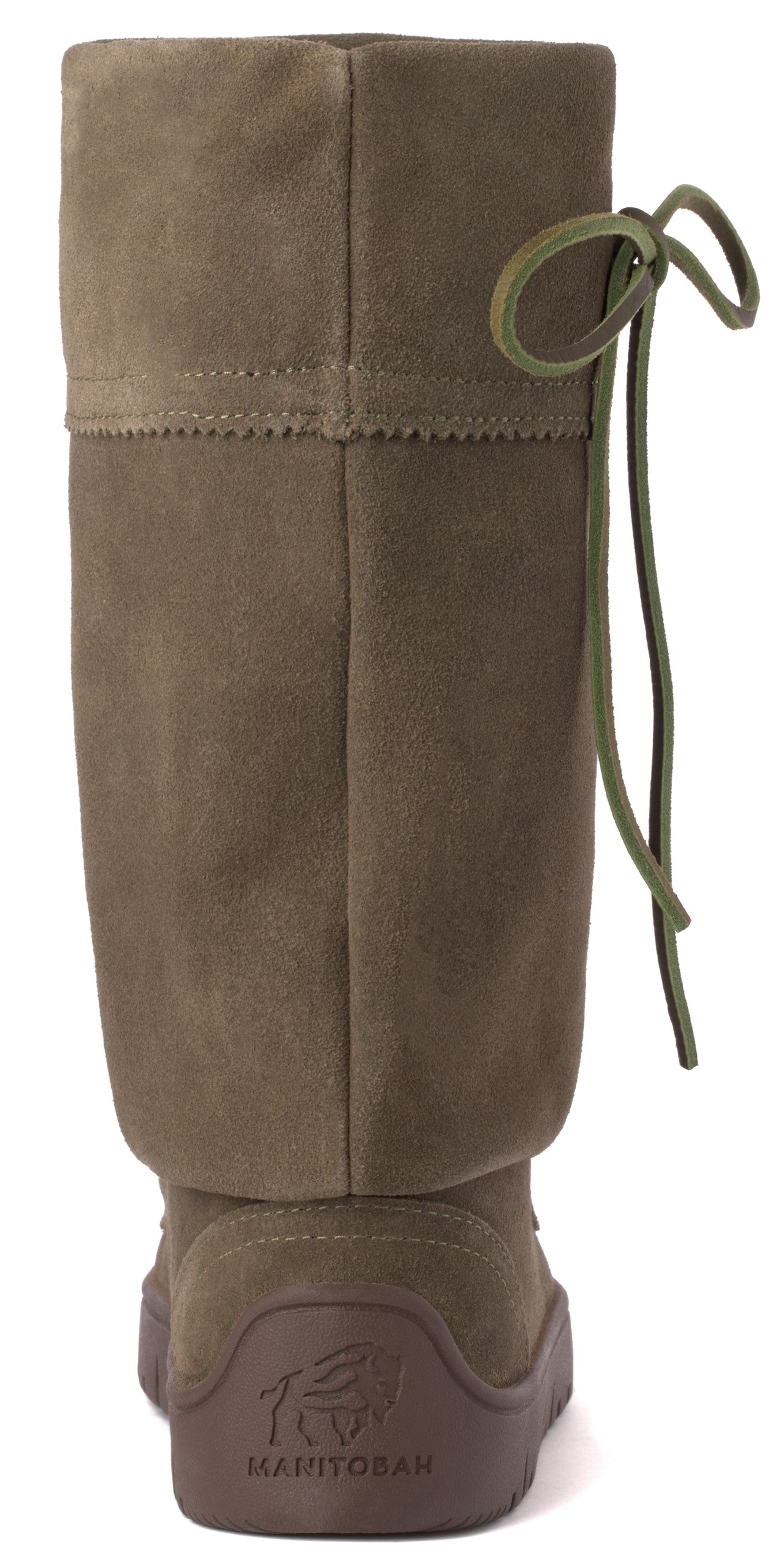 Back view of olive green suede knee-high boot with an olive green lace tied on the right side; dark brown sole with the word "MANITOBAH" printed on the heel.
