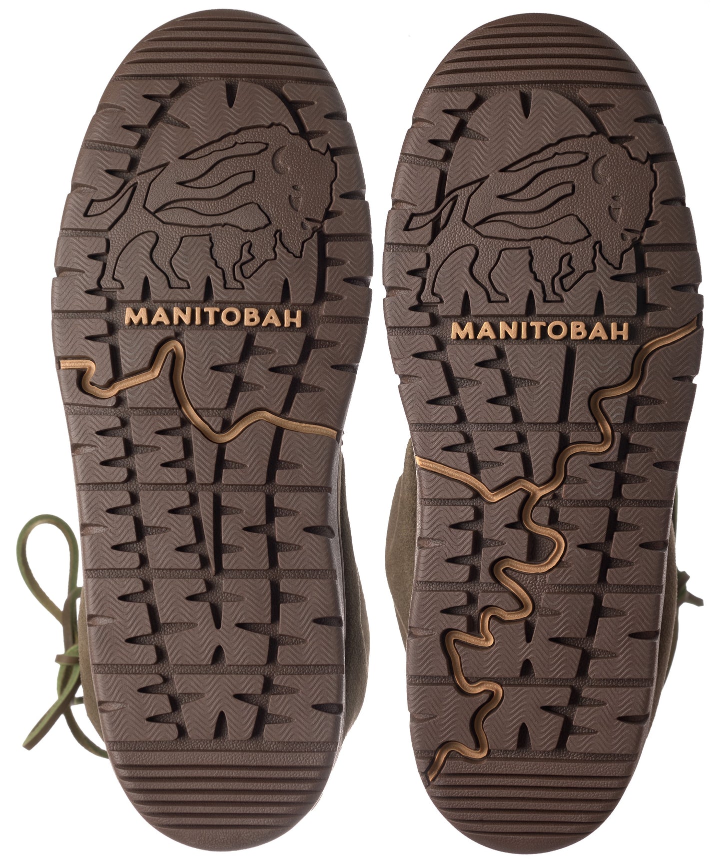 Two boot soles with buffalo logo, “MANITOBA” text, and river graphic.