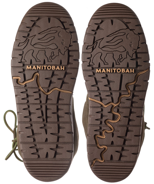 Two boot soles with buffalo logo, “MANITOBA” text, and river graphic.