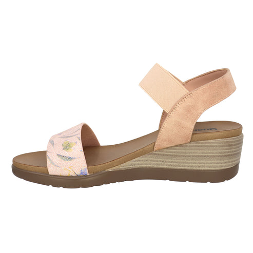 Floral, pale pink wedge sandal with ankle strap.