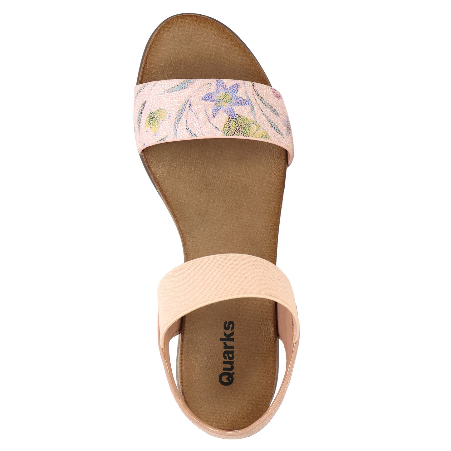 Top-down view of a women's sandal with light pink floral strap and elastic back strap.