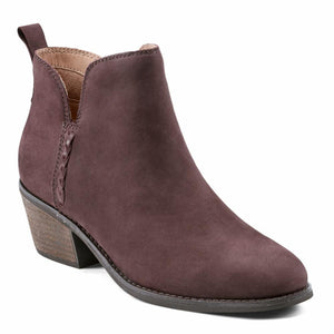 Dark maroon leather ankle boot with a low block heel.