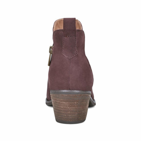 Back view of ankle boot with a block heel and side zipper.