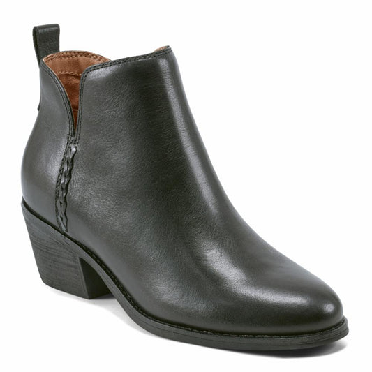 Black leather ankle boot with a low block heel.