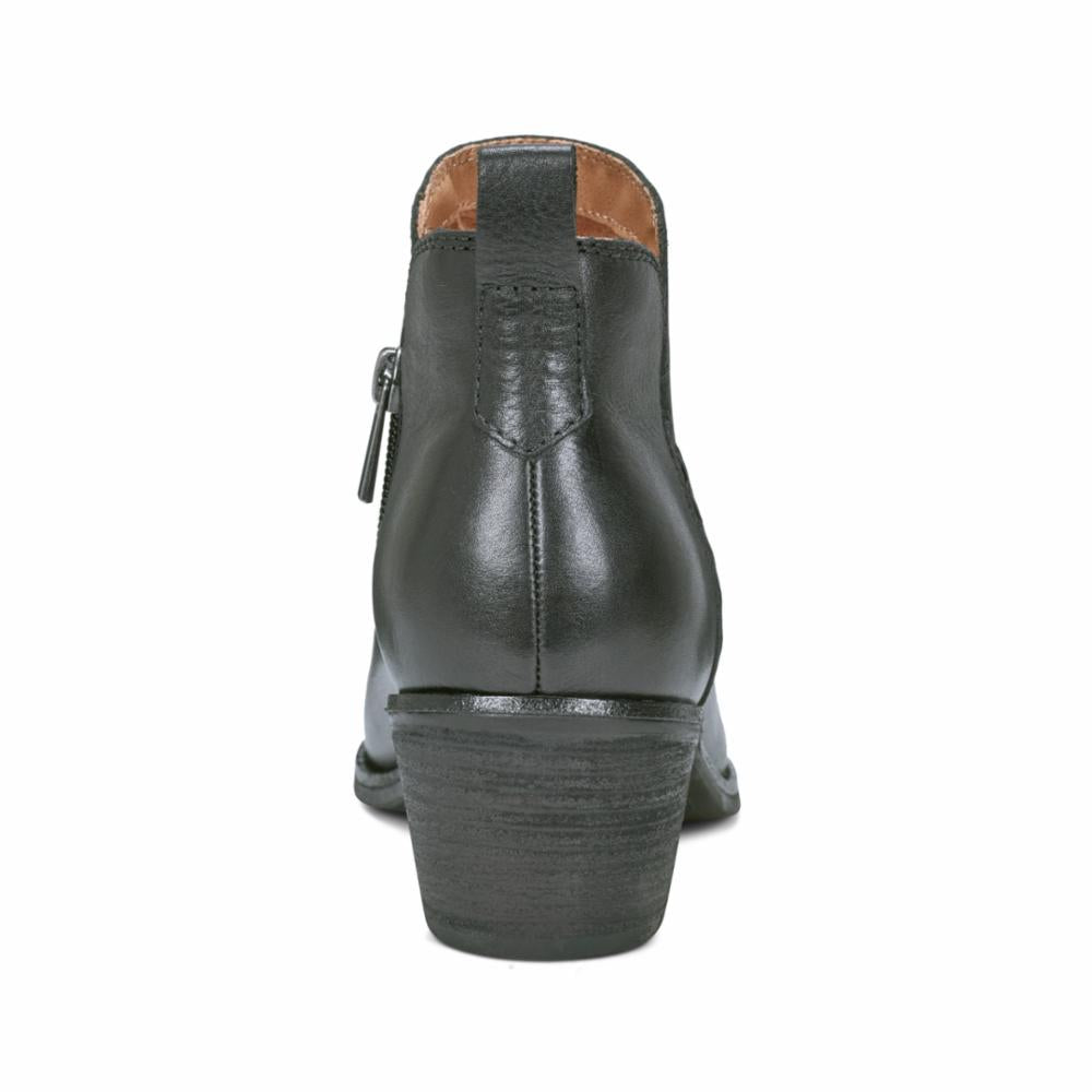 Black leather ankle boot with side zipper and block heel, back view.