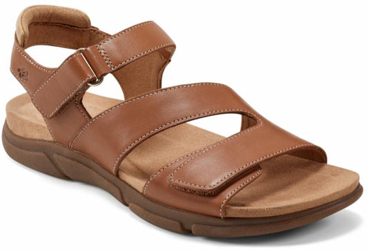 Brown leather sandal with two adjustable straps and a buckled ankle strap.