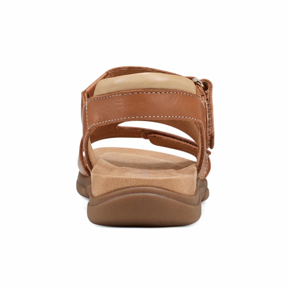 Tan sandal with velcro straps and buckled ankle strap; back view.