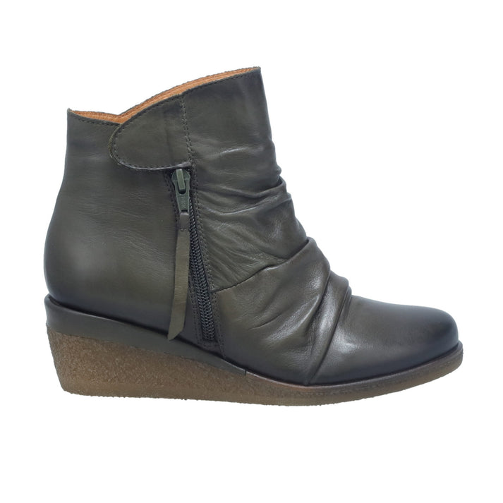 Olive green wedge boot with side zipper and scrunched leather.