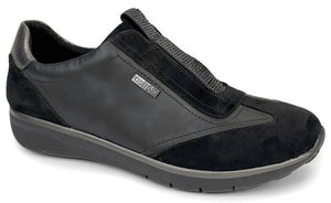 Black slip-on shoe with leather and suede details and a metallic 'Dortex' logo.