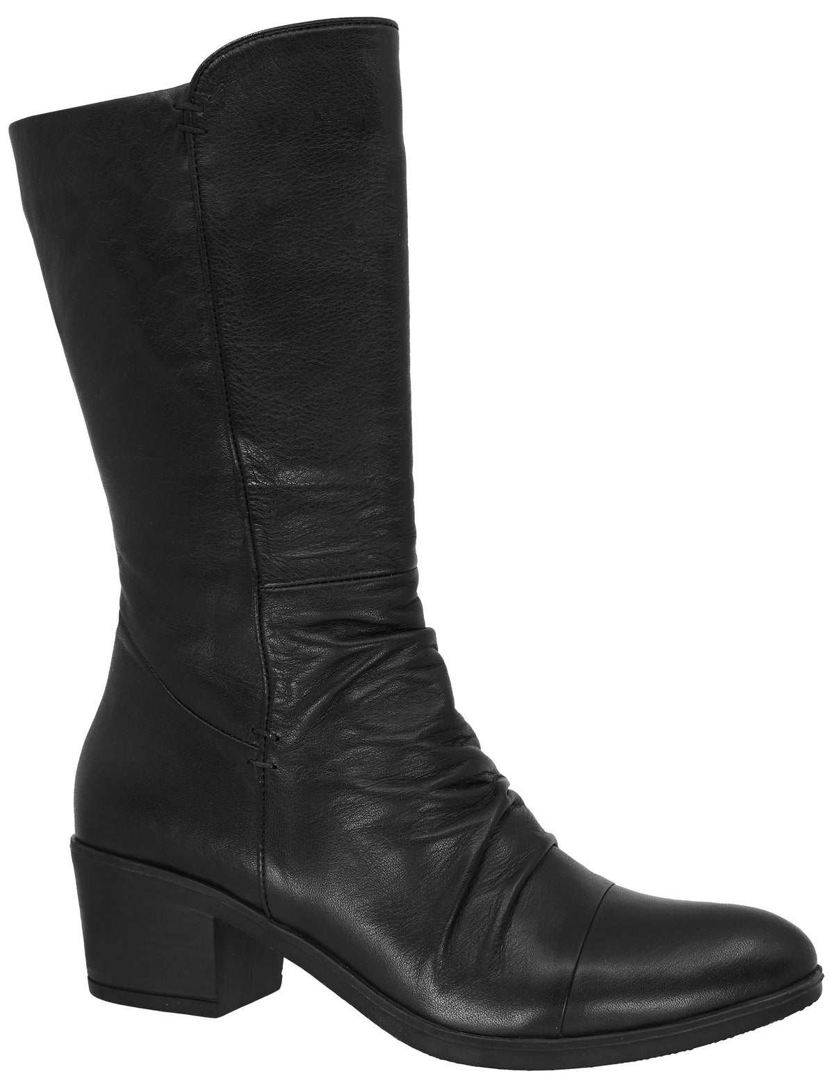 A black leather mid-calf boot with a rounded toe, a block heel, and subtle ruched detailing along the lower front.