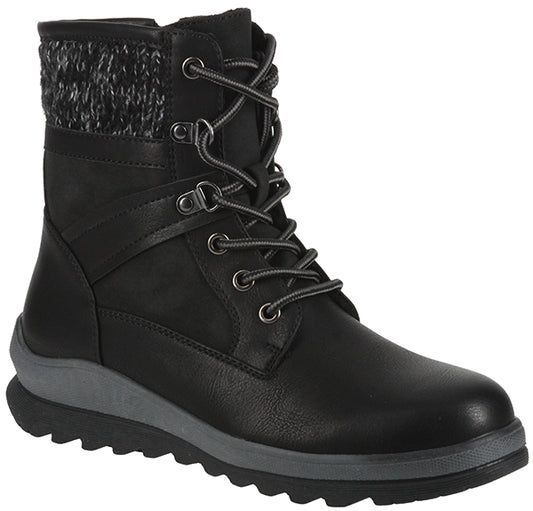Black lace-up boot with a knitted wool-like cuff.