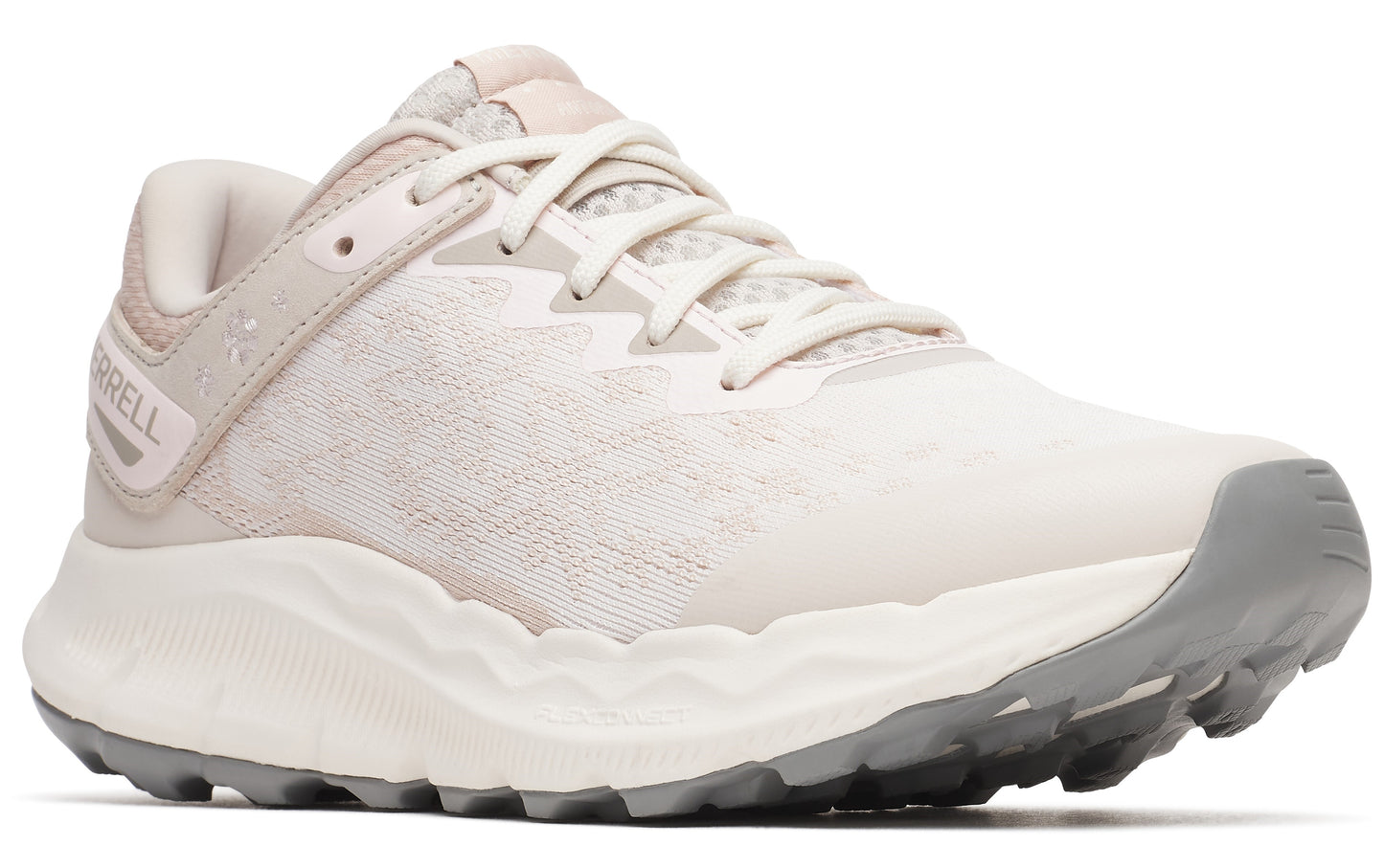 Trail running shoe with off-white patterned upper and gray sole.