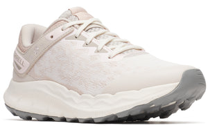 Trail running shoe with off-white patterned upper and gray sole.