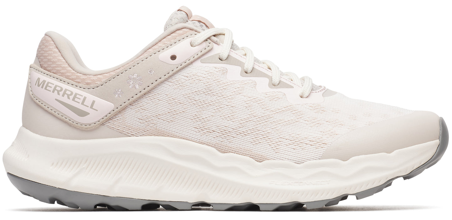 a running shoe with light-colored laces and a gray sole