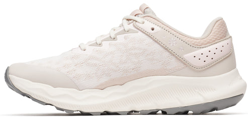 A running shoe featuring a cream color scheme with a gray outsole.