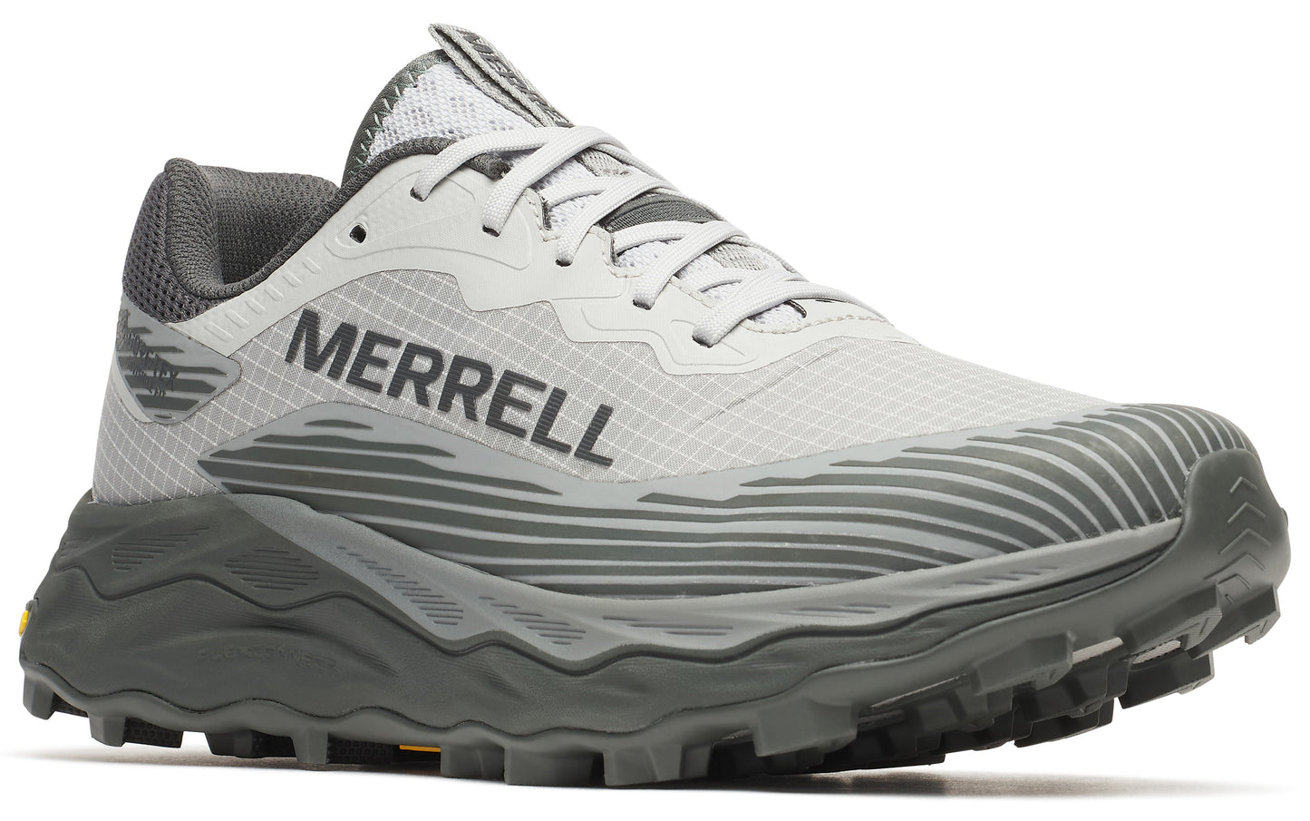 Athletic shoe with gray upper, wavy dark gray midsole, and "MERRELL" visible on the side.