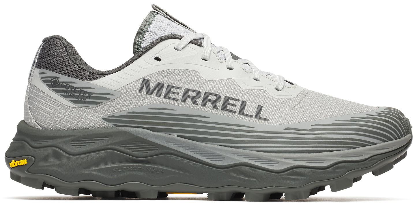 Light gray trail running shoe with a gray sole and "MERRELL" written on the side.