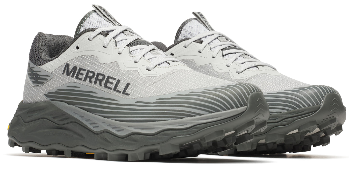 Two gray running shoes with patterned soles.